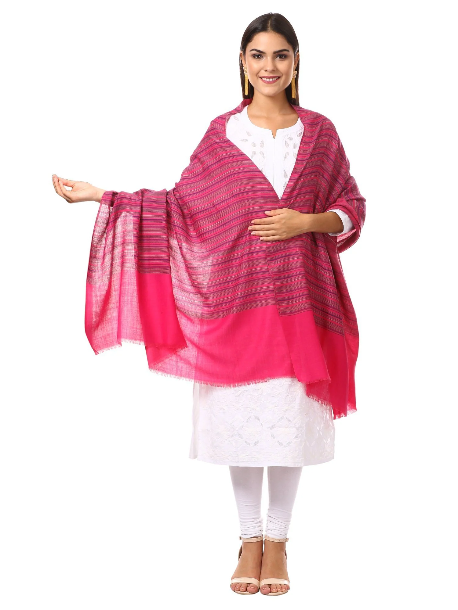 Pashtush Women'S Fine Wool Striped Shawl, Australian Merino Wool - Fuchsia Pink - Image 3