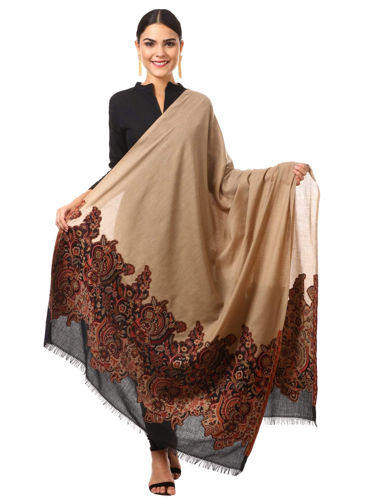 Pashtush Womens Floral Jacquard Twin Coloured Shawl Black Beige - Image 4