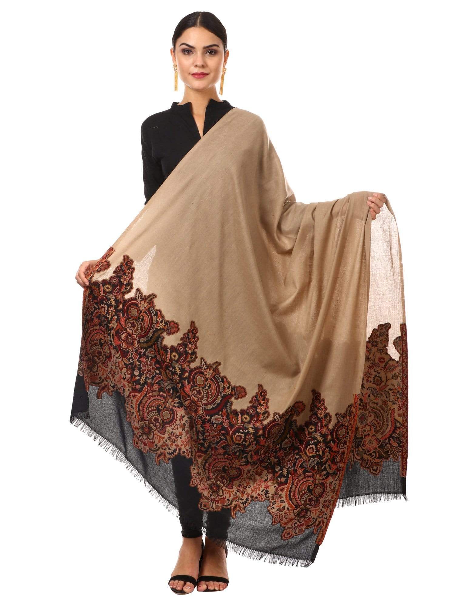 Pashtush Womens Floral Jacquard Twin Coloured Shawl Black Beige - Image 5