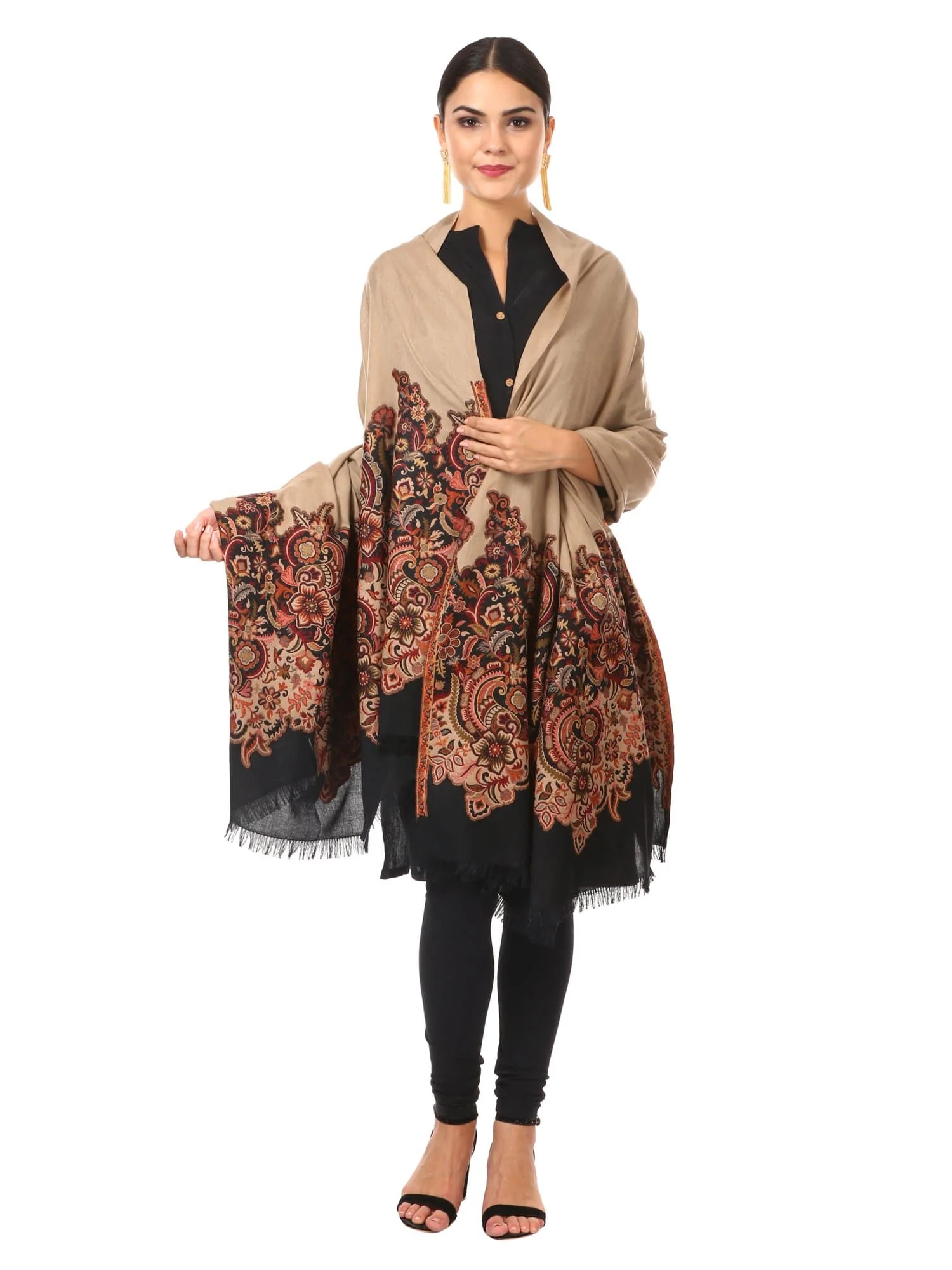 Pashtush Womens Floral Jacquard Twin Coloured Shawl Black Beige - Image 6