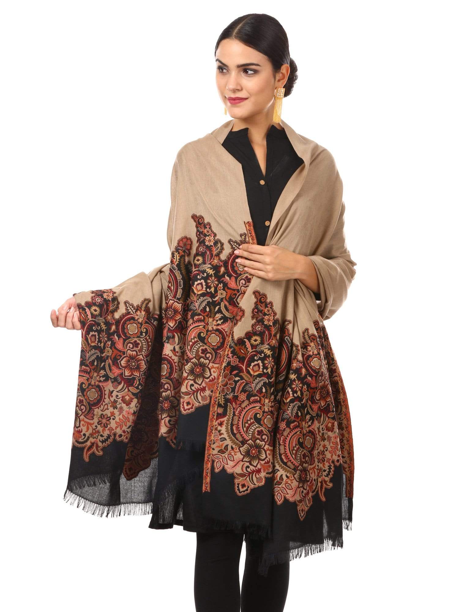 Pashtush Womens Floral Jacquard Twin Coloured Shawl Black Beige - Image 7