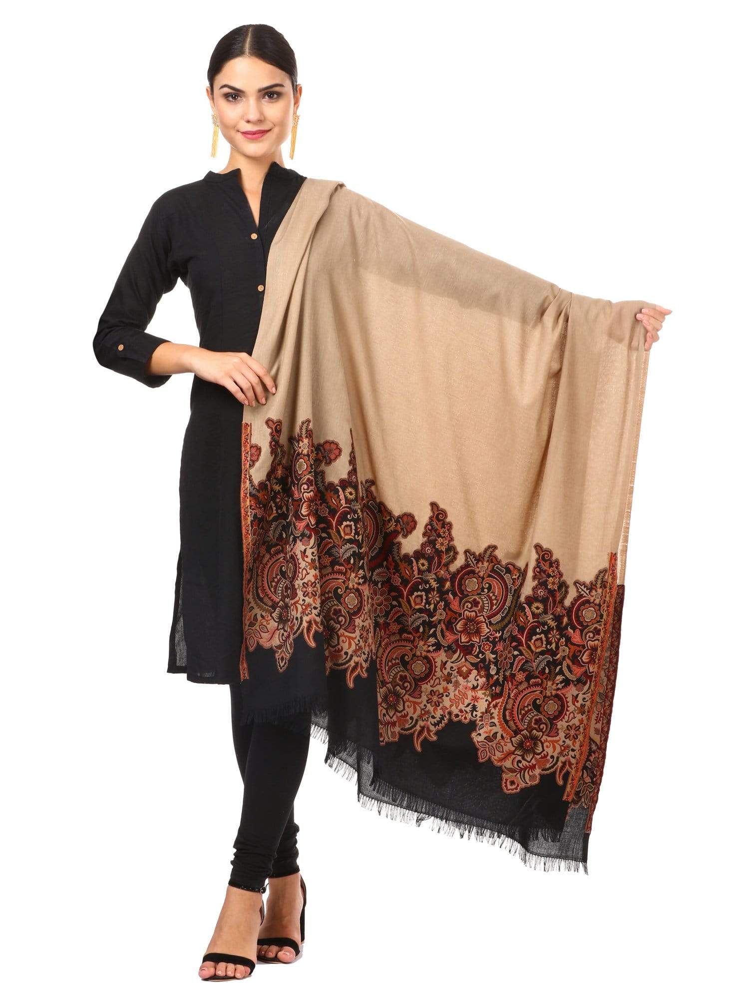 Pashtush Womens Floral Jacquard Twin Coloured Shawl Black Beige - Image 8