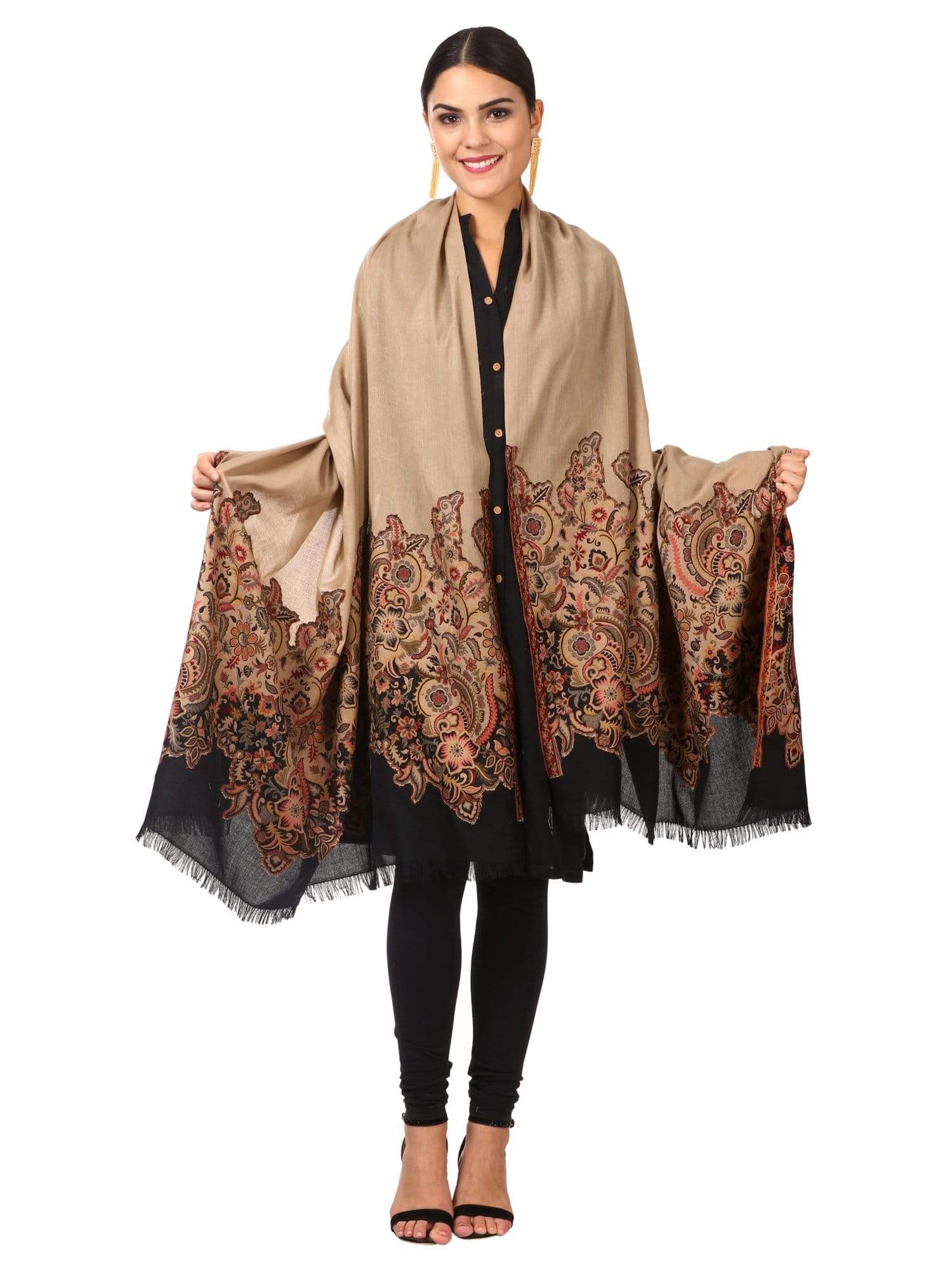 Pashtush Womens Floral Jacquard Twin Coloured Shawl Black Beige - Image 9
