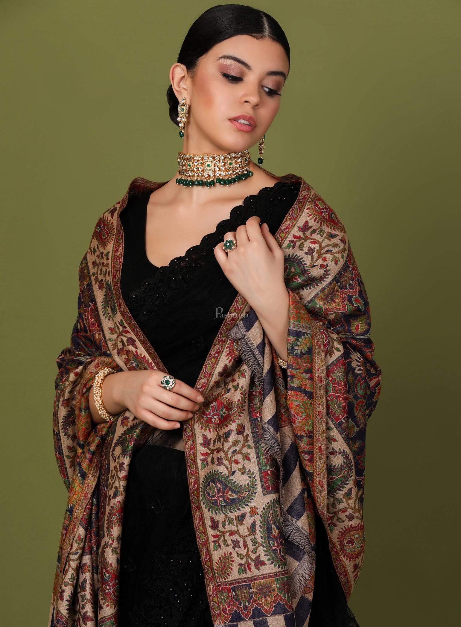 Pashtush Womens Ethnic Shawl, Faux Pashmina, Soft And Warm, Beige - Image 5