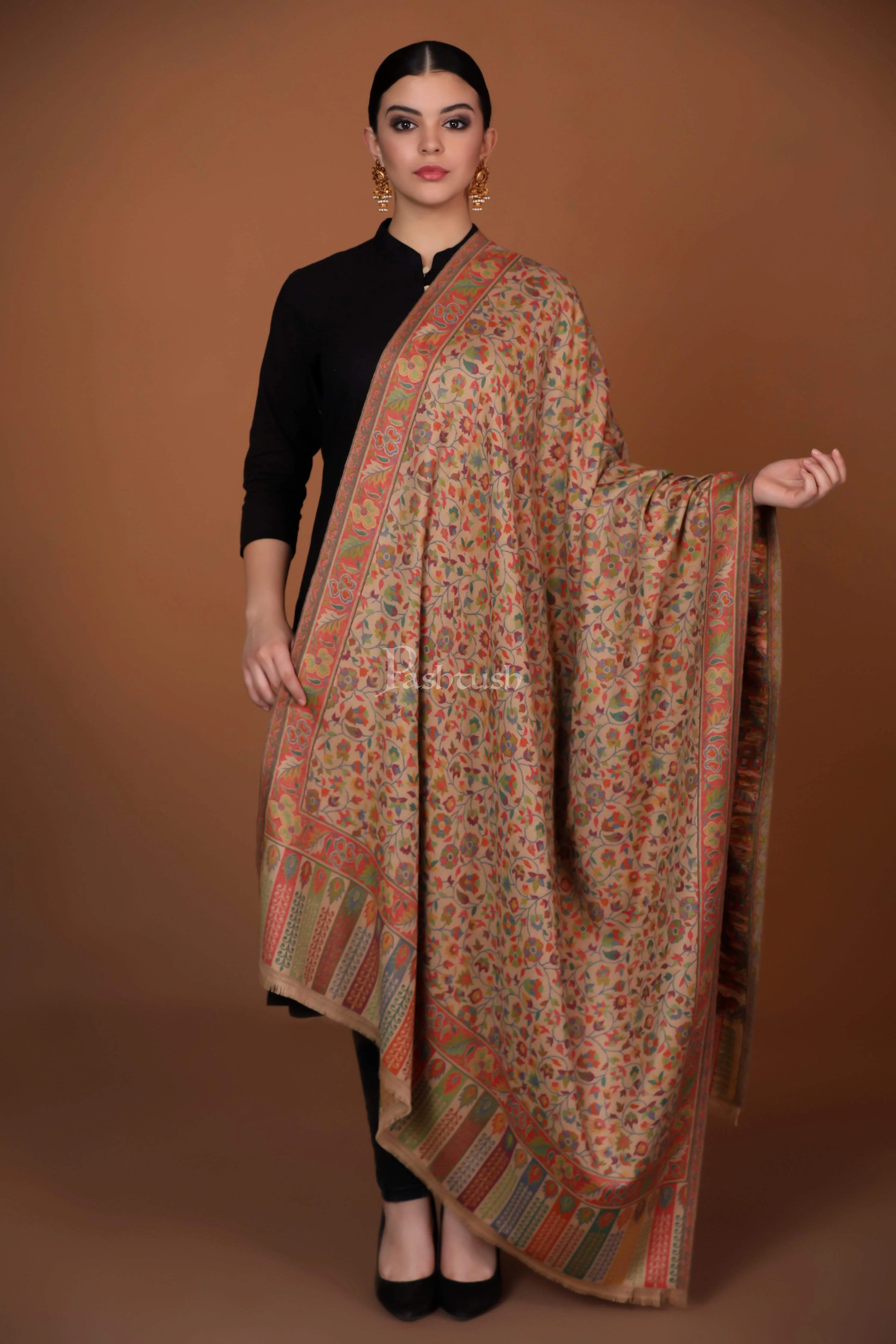 Pashtush Womens Ethnic Shawl, Faux Pashmina, Soft And Warm, Beige