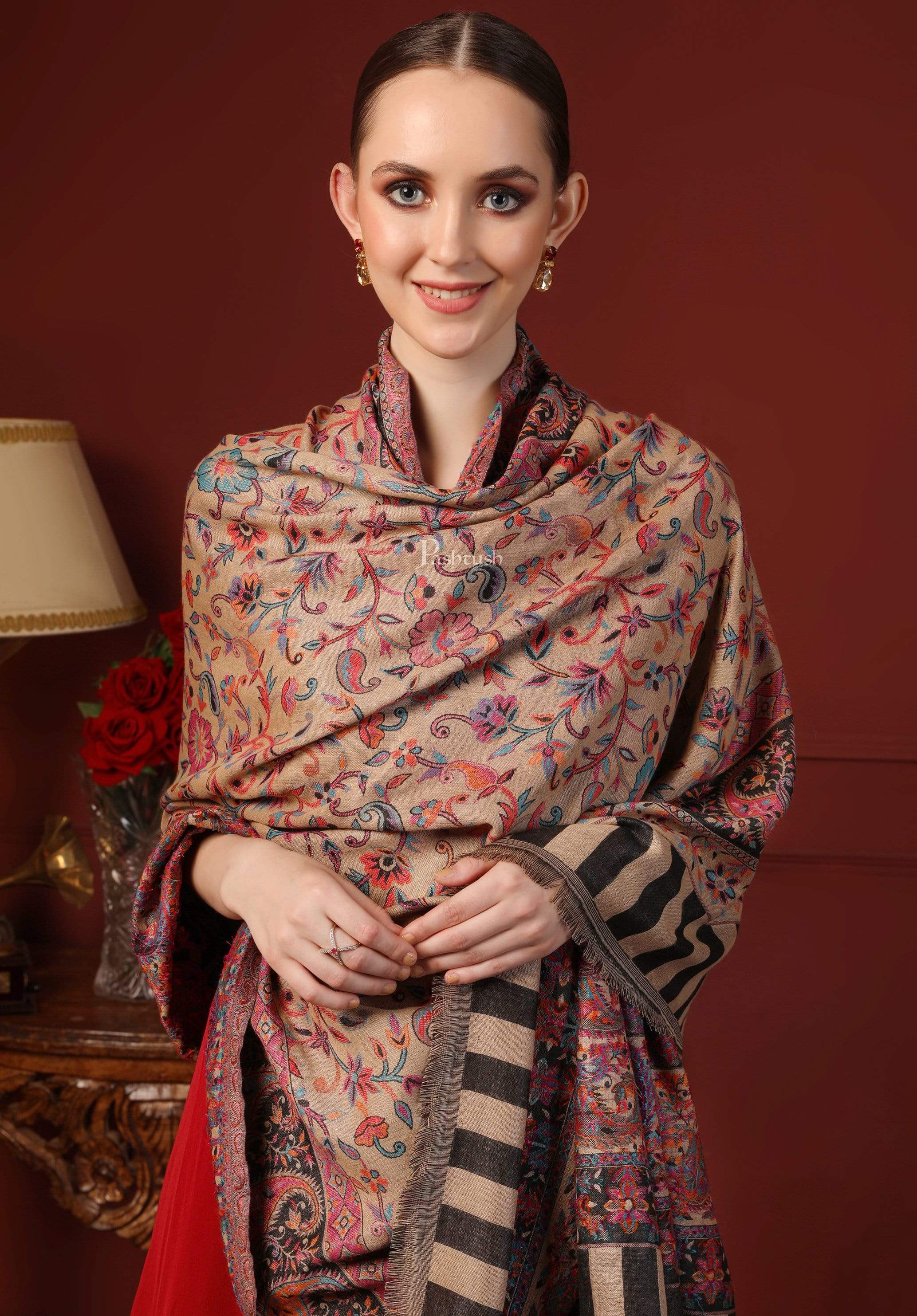 Pashtush Womens Ethnic Shawl, Faux Pashmina, Soft And Warm, Beige - Image 4