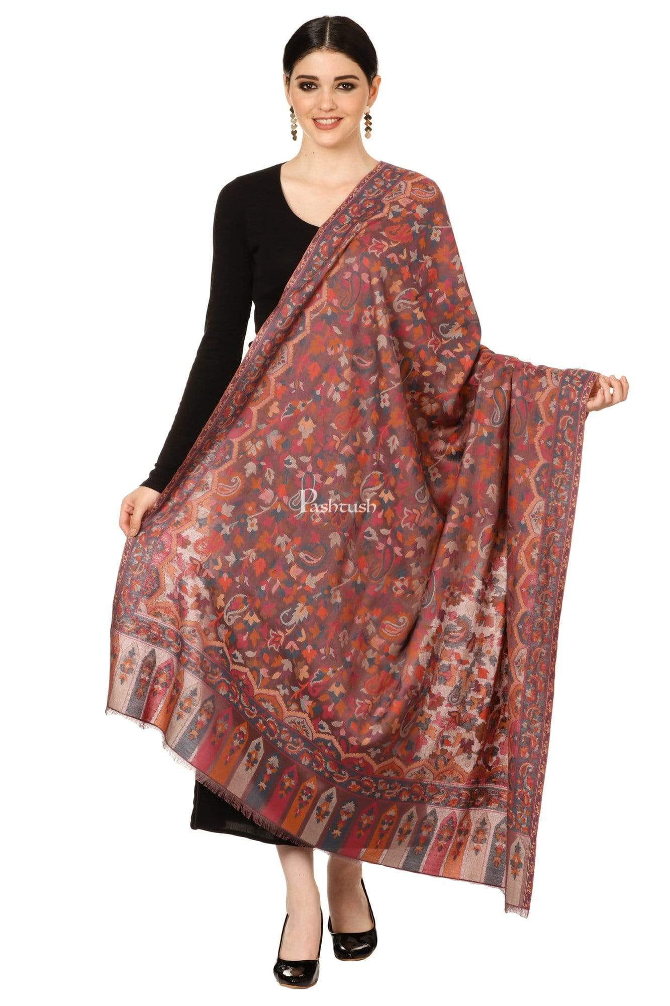 Pashtush Womens Ethnic Shawl, Faux Pashmina, Soft And Warm, Dusky Fawn Maroon