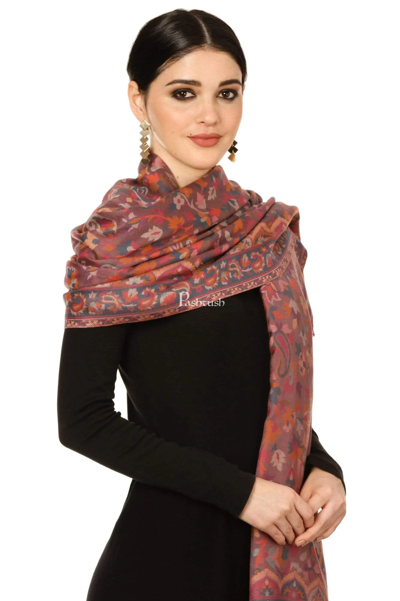 Pashtush Womens Ethnic Shawl, Faux Pashmina, Soft And Warm, Dusky Fawn Maroon - Image 3
