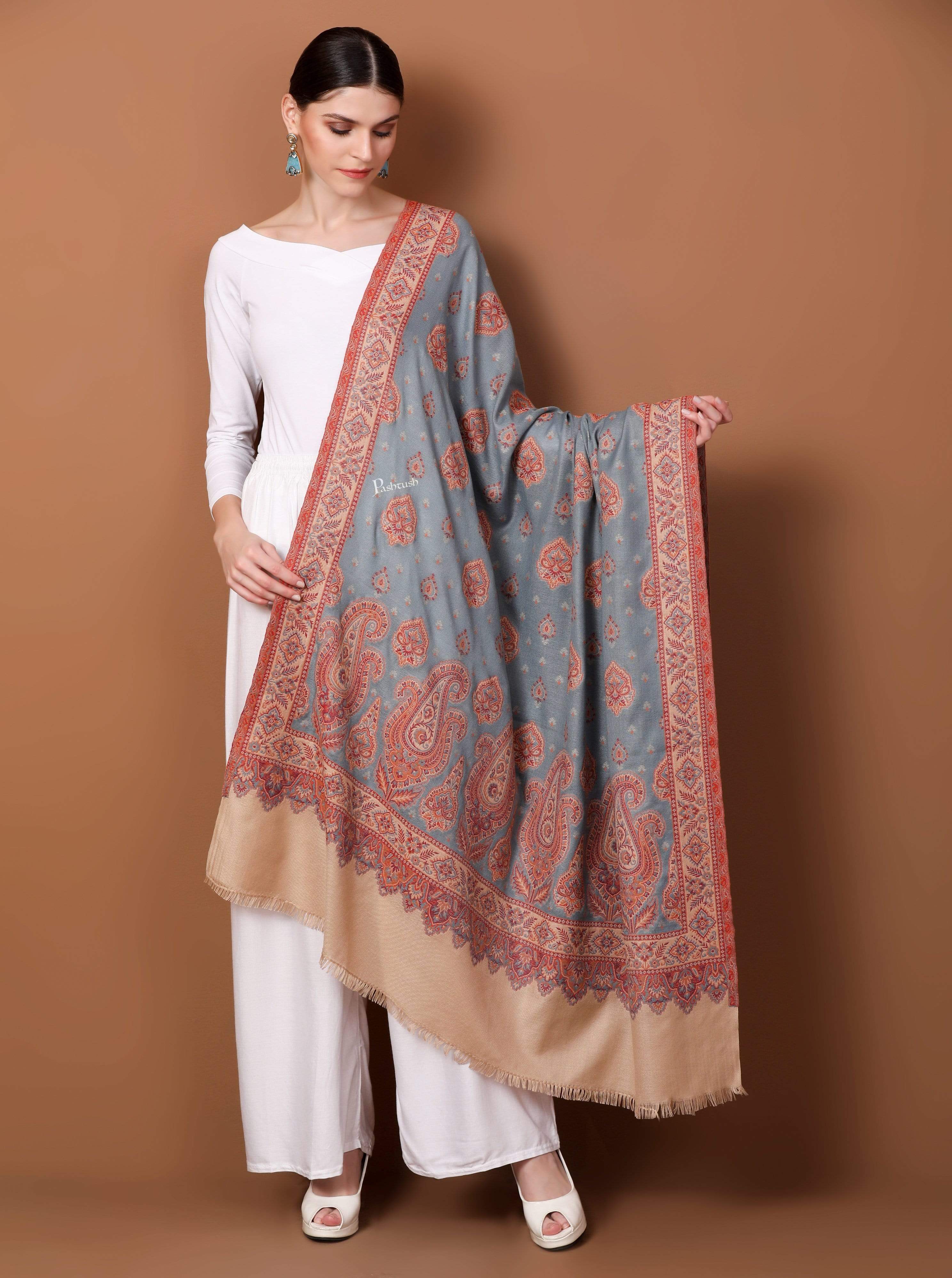 Pashtush Women'S Design Jacquard Palla Shawl, Soft Faux Pashmina - Slate And Beige Black