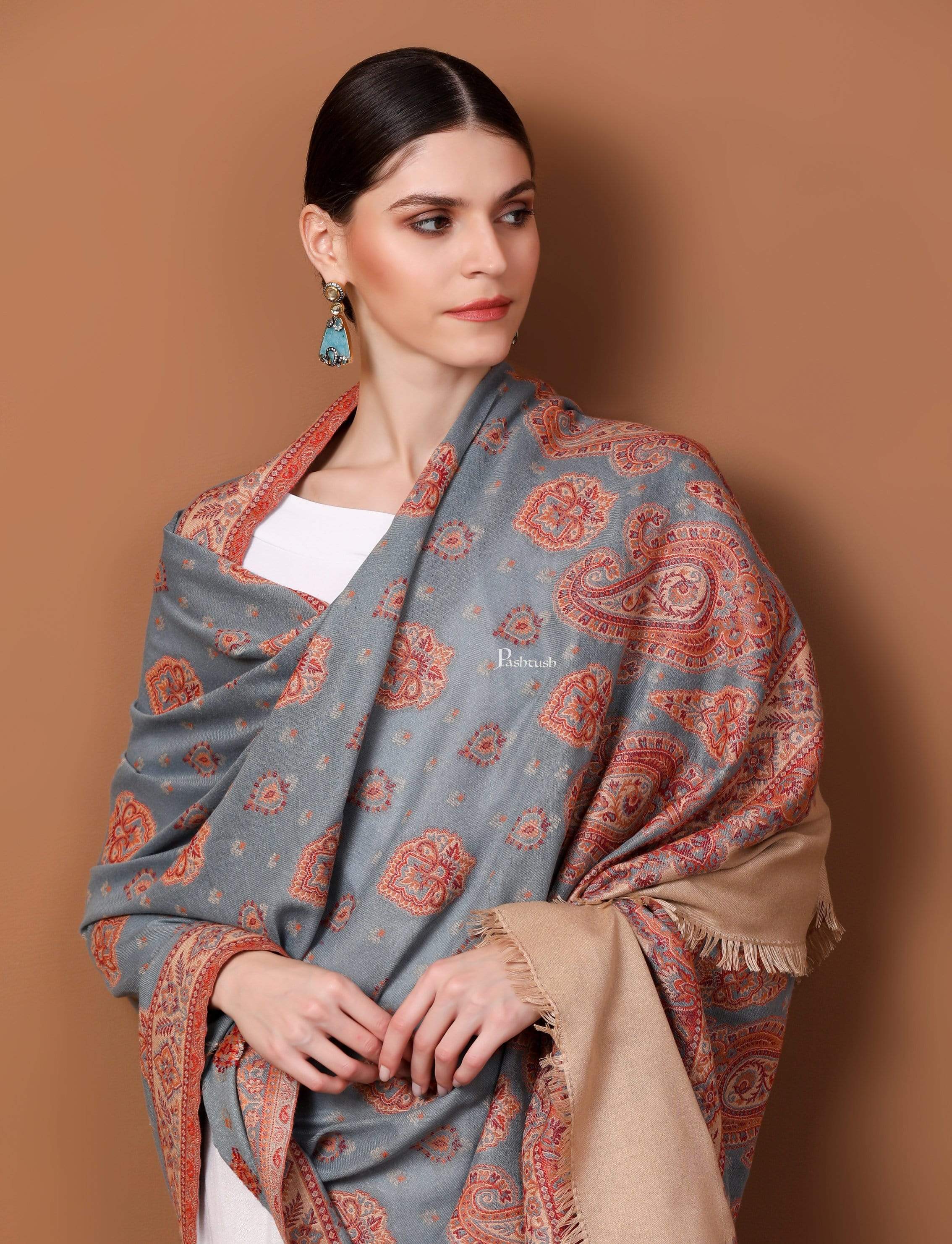 Pashtush Women'S Design Jacquard Palla Shawl, Soft Faux Pashmina - Slate And Beige Black - Image 6