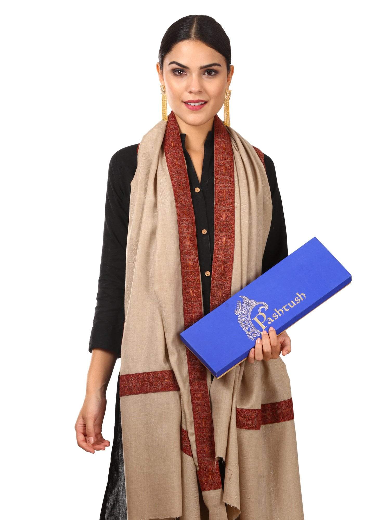 Pashtush Womens Patchwork Neemdaur Shawl Beige - Image 2