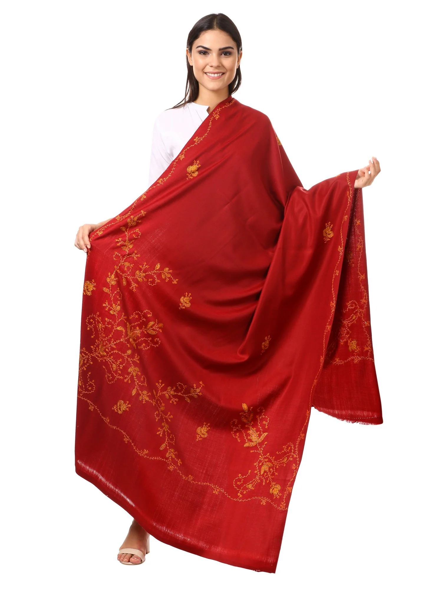 Pashtush Women'S Wool Shawl, Hand Embroidery, 100% Hand-Made (Maroon) Red
