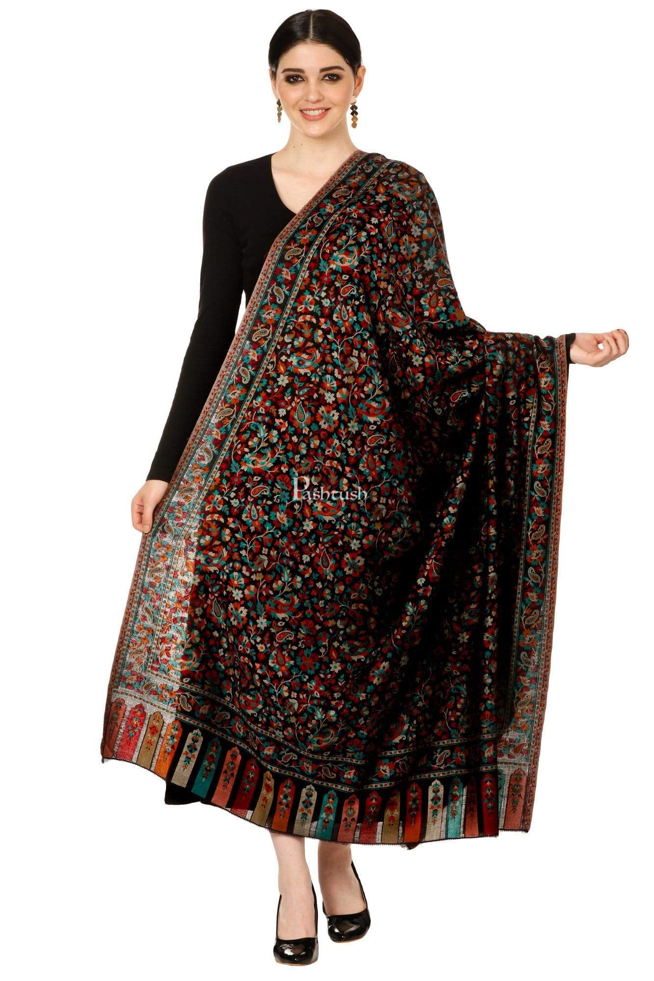 Pashtush Womens Ethnic Shawl, Faux Pashmina Shawl, Soft And Warm (Black)